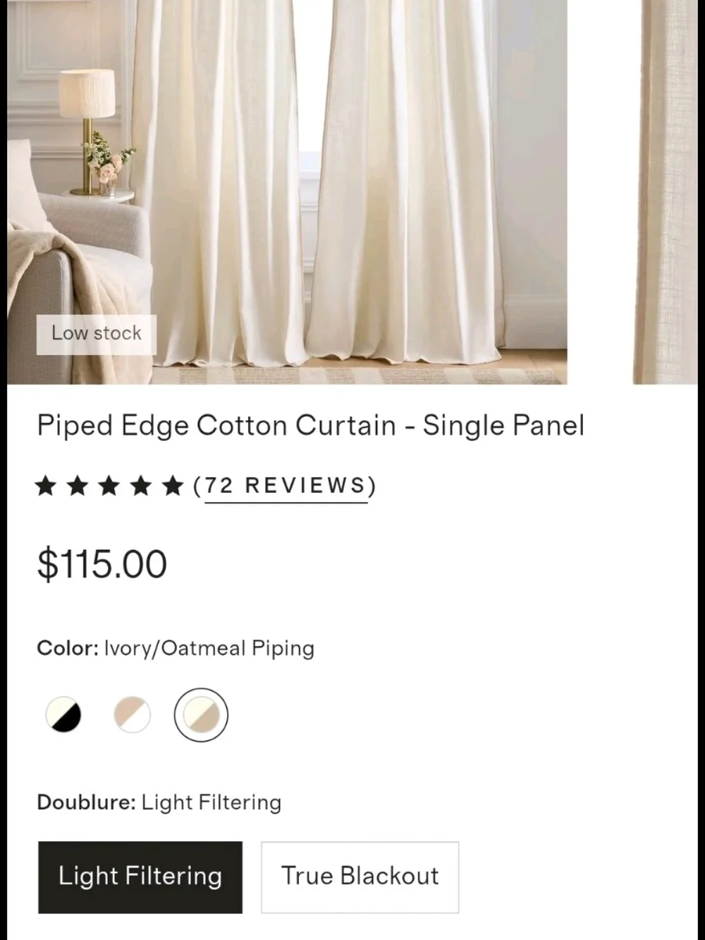 Quince Set Of 2 Ivory Oat Piped Edge Cotton Curtain 48 X 108” Light Filtering